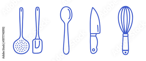 Kitchen utensil set with skimmer spoon, spatula, spoon, chef knife and whisk. Blue line vector icons on white background.