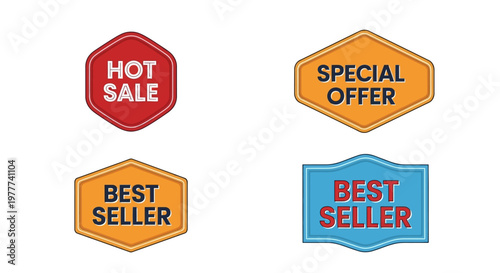 Colorful sale and best seller labels.