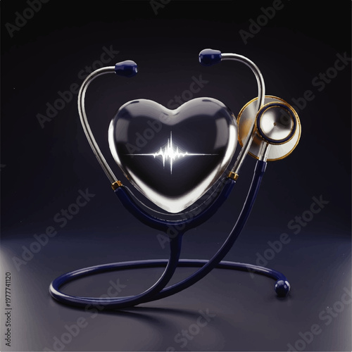 Heart shaped medical instrument with stethoscope.