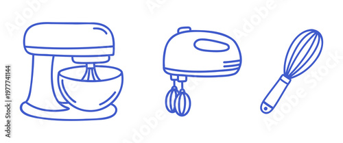 Mixing appliances set with stand mixer, hand mixer and whisk illustrations. Blue line vector icons on white background.