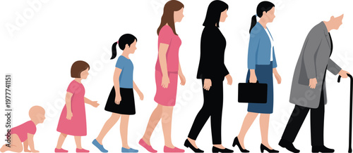 Minimalist line art illustration showing human life cycle progression from baby to elderly stages with walking figures isolated on white background