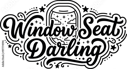 Window seat darling script lettering with stars and night sky in window