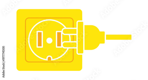 Yellow electrical socket with plug inserted, modern flat design, white background