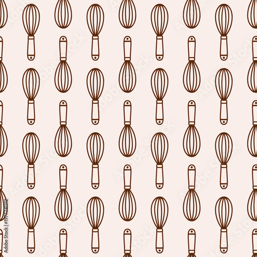 Seamless pattern with whisks on beige background. Minimal brown outline vector Print