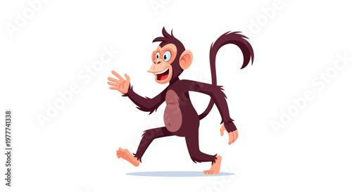 Cartoon Monkey Running happily, waving hand, isolated on white background