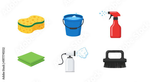 Cleaning Supplies Icons: Sponge, Bucket, Sprayer, Cloth, Foam Gun, Brush