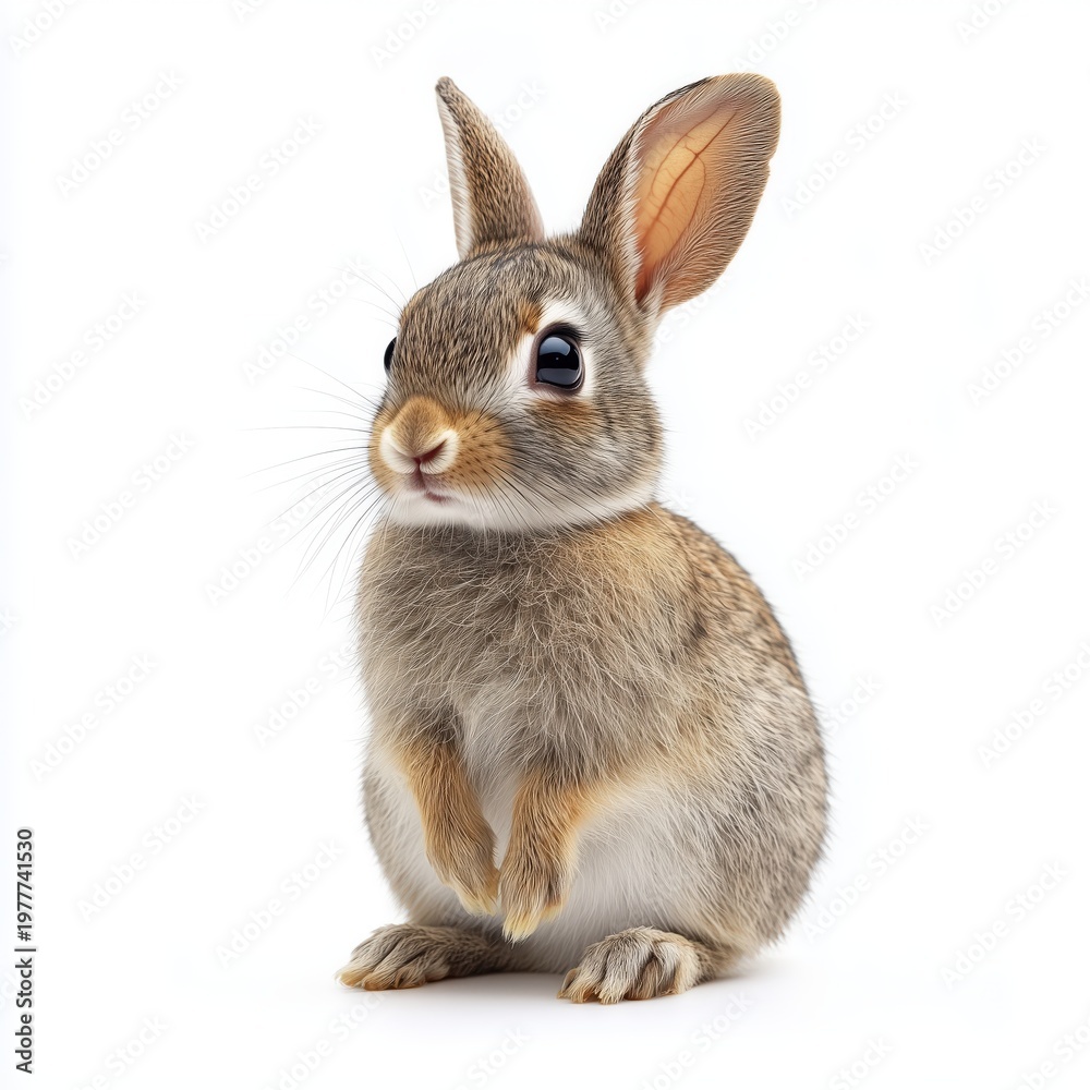 Fototapeta premium Cute brown rabbit sitting on hind legs looking curious with big eyes on white background