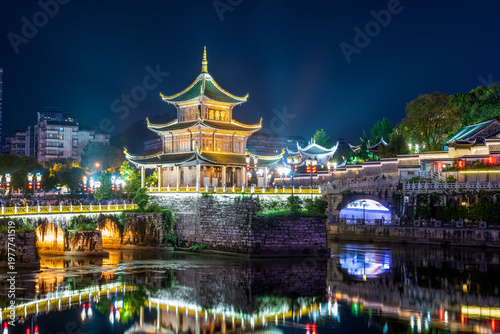 The night view of Jiaxiu Tower in Nanming District, Guiyang City, Guizhou Province, China
