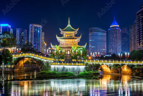 The night view of Jiaxiu Tower in Nanming District, Guiyang City, Guizhou Province, China