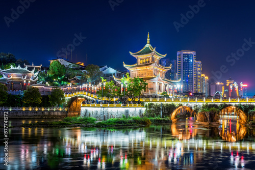 The night view of Jiaxiu Tower in Nanming District, Guiyang City, Guizhou Province, China