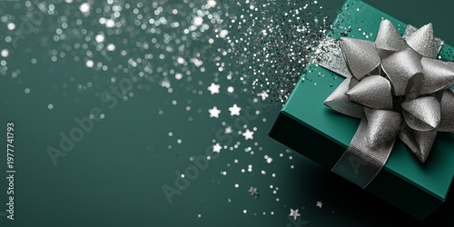 Green present box with sparkling silver glitter and flying stars, perfect festive New Year sale or holiday banner.