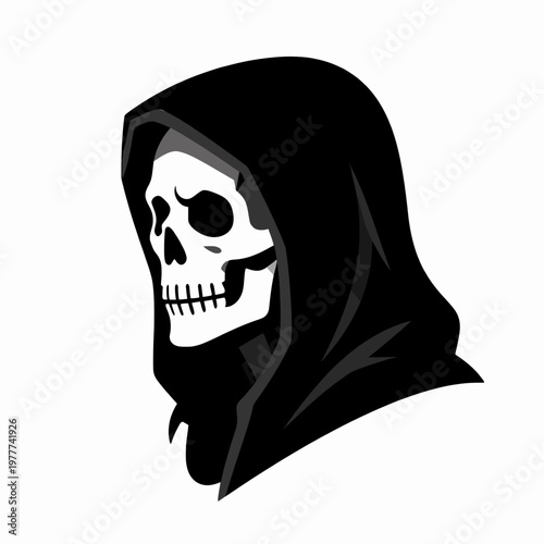 Minimalist flat vector illustration of a single grim reaper character wearing a dark tattered hood, skeletal face with hollow eyes, macabre concept isolated on white background