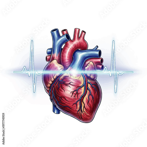 Detailed human heart anatomy illustration with heartbeat line.