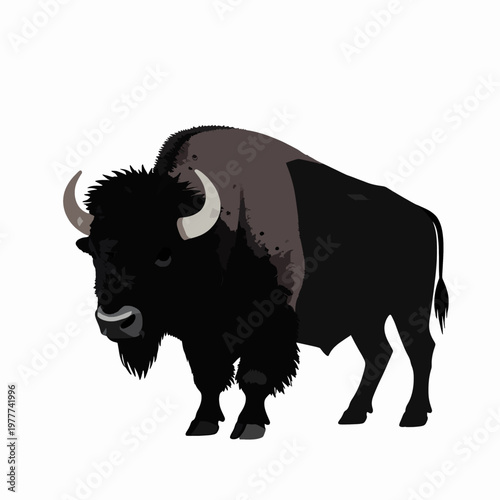 Majestic adult American bison walking, flat vector black silhouette illustration of a buffalo, minimalist Western wildlife art, symbol of nature and strength, isolated on white background.