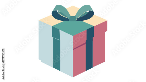Colorful gift box vector illustration with a teal ribbon bow. Minimalist isometric retail package icon for e-commerce, birthday celebrations, holiday surprises, and graphic design projects.