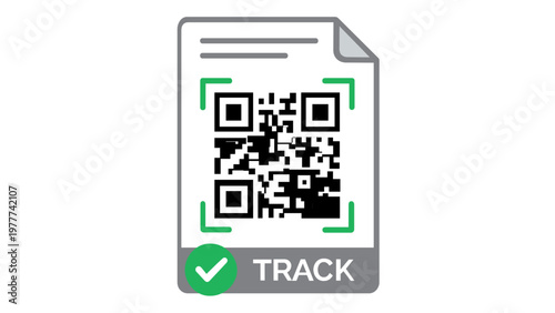 Flat vector icon illustration of a package tracking document with a scannable QR code, green focus corners, and a track label with a checkmark for shipping, logistics, and delivery status.