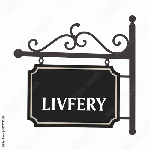 Flat vector illustration of a single vintage hanging tattoo studio sign on a black rectangular plaque with ornate metal bracket, minimalist shop exterior concept, isolated on white background.
