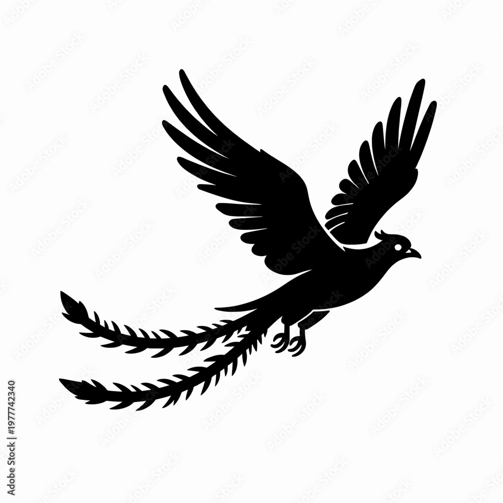 Fototapeta premium Elegant Black Silhouette of a Single Mythical Phoenix Bird in Mid-Flight, Minimalist Flat Vector Illustration of a Flying Rebirth Symbol Isolated on White Background for Tattoo or Logo Design