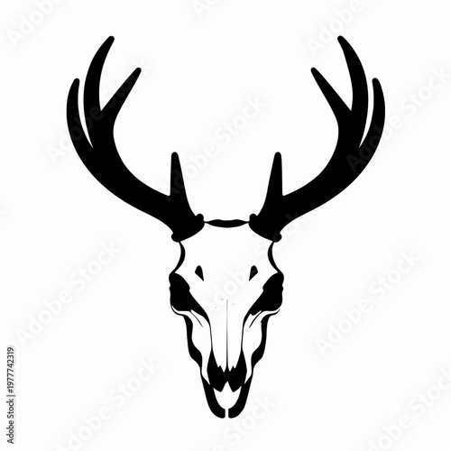 Minimalist black and white flat vector illustration of a single stylized deer skull with sharp branching antlers, hunting trophy symbol isolated on white background, macabre nature concept art