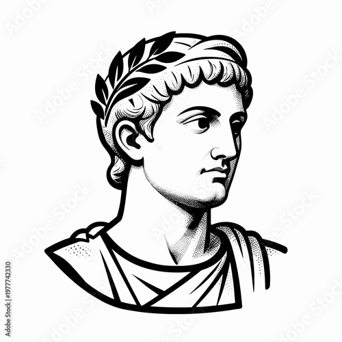 Stippled flat vector illustration of a single Greek god bust wearing a laurel wreath, classical marble statue of a handsome young man with curly hair, mythological hero isolated on white background