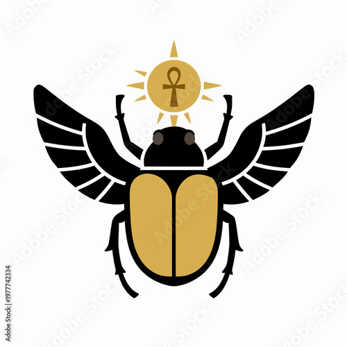 Minimalist flat vector illustration of a single Egyptian scarab beetle with outstretched wings and ankh symbol, ancient mythology concept, clean black and gold design isolated on white.
