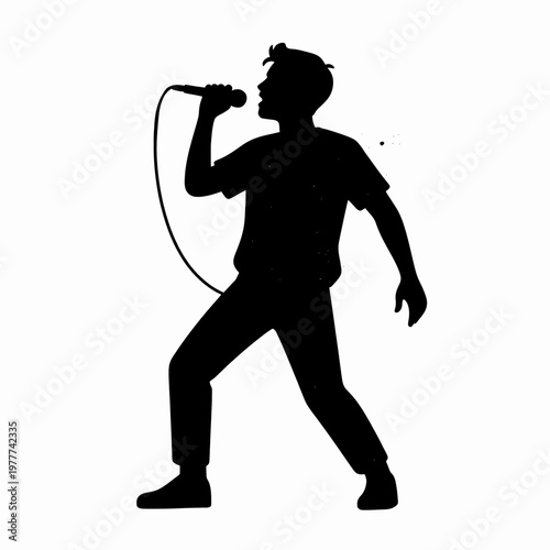 Energetic White Male Rock Singer Performing on Stage, Dynamic Vocalist with Microphone in Hand, Grungy Black Silhouette Vector Illustration, Musical Concept, Isolated on White Background