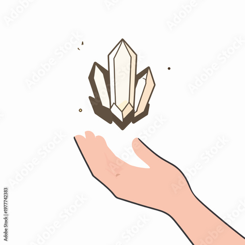 Minimalist flat vector illustration of a single mystical hand reaching for a glowing crystal cluster, spiritual concept with celestial stars and soft peach tones, isolated on white background.