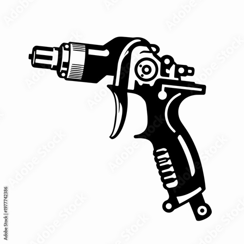 Professional automotive spray paint gun vector illustration, black and white minimalist pneumatic tool icon for car detailing and industrial painting, isolated on white background, workshop concept.