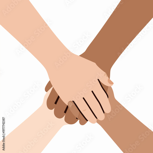 Interracial couple holding hands, Black and White skin tones, diverse hands clasped in support and love, flat vector illustration of unity and togetherness, isolated on white background.