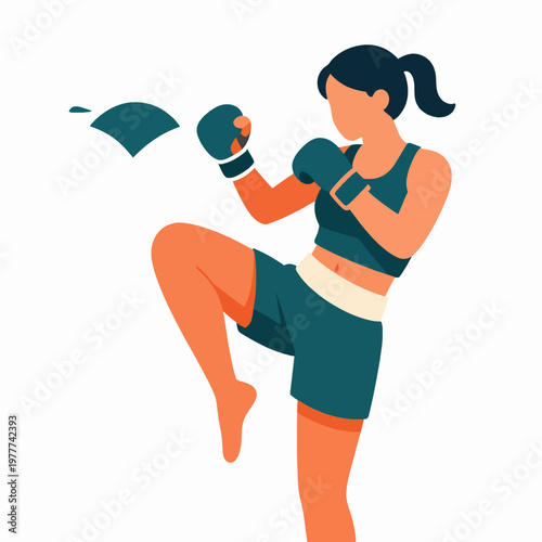 A single Southeast Asian woman Muay Thai fighter performing a powerful mid-air knee strike in a professional gym setting, energetic mood, wearing athletic teal gear, fitness and martial arts concept.