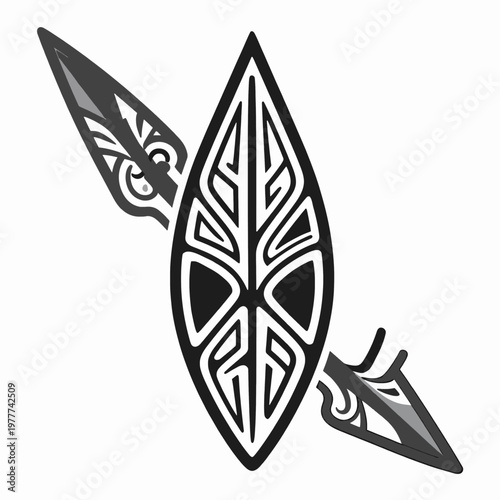 Flat vector illustration of a single traditional Polynesian spear head with intricate black and white tribal geometric patterns, Pacific Islander cultural artifact isolated on white background