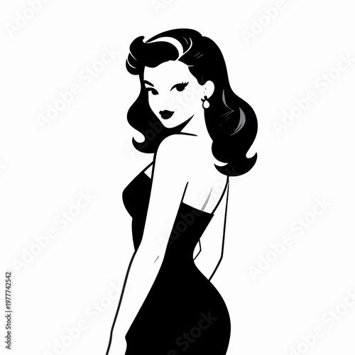 Elegant White woman in vintage black evening dress, 1950s pin-up style, voluminous wavy hair, sophisticated side profile pose, minimalist monochrome flat vector illustration, isolated on white.