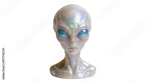 Isolated futuristic alien bust with large blue eyes and iridescent pearlescent skin, science fiction