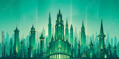 Emerald City Fantasy Skyline Vector Illustration