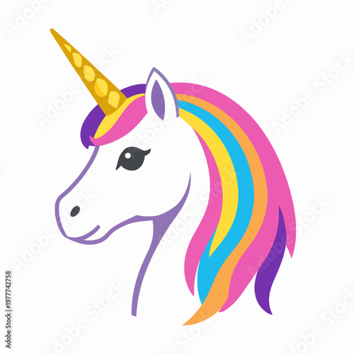 Vibrant flat vector illustration of a single mythical unicorn head with a colorful rainbow mane and golden horn, representing fantasy and magic, isolated on a white background for creative design.