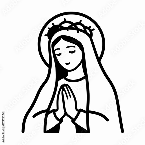 A serene White woman portraying the Virgin Mary in a prayerful pose, wearing a traditional veil and crown, minimalist flat vector illustration, spiritual and religious concept, isolated on white.