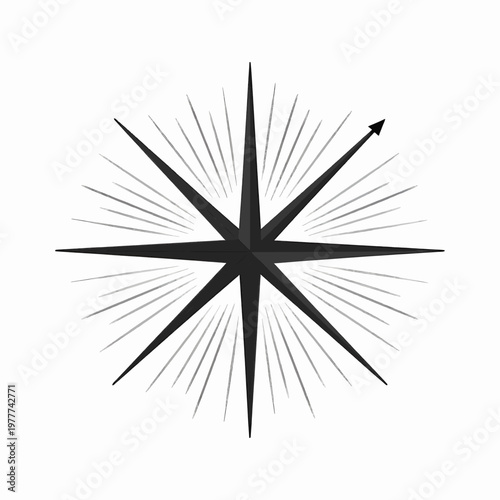 Minimalist Black Flat Vector Illustration of a Single Celestial North Star Icon with Sharp Points and Radiant Rays Isolated on White Background for Mystical Design Concepts