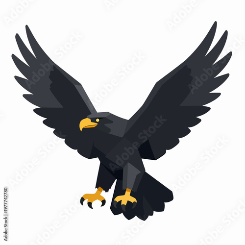 Majestic black eagle with outstretched wings, flat vector illustration of a powerful bird of prey in a minimalist geometric style, isolated on white, symbolizing strength and freedom.