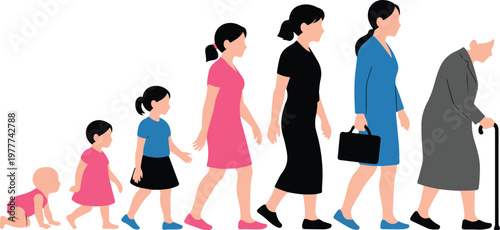 Minimalist line art illustration showing human life cycle progression from baby to elderly stages with walking figures isolated on white background