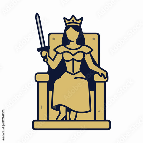 Flat vector illustration of a powerful adult White woman as the Queen of Swords, sitting on a throne with a sword, representing leadership and clarity, isolated on white background, tarot concept.