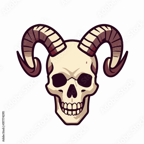 Vintage Demonic Skull with Ram Horns Flat Vector Illustration, Occult Inspired Graphic Design, Dark Fantasy Concept Art Isolated on White Background for Tattoo Studio Branding and Apparel.