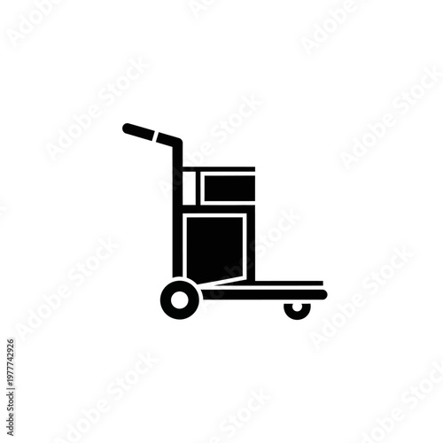 Illustration of a black silhouette of a luggage cart with wheels and handle, ideal for travel or hotel services