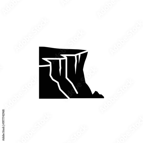 A minimalist black and white illustration of a cliff face with visible strata and a dramatic drop, evoking a sense of natural grandeur