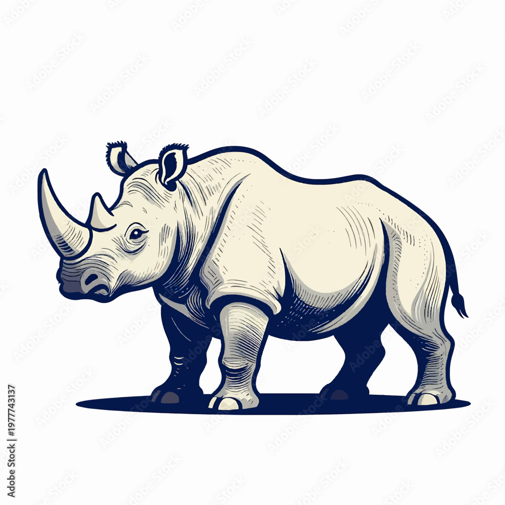 Fototapeta premium Flat vector illustration of a single prehistoric woolly rhinoceros charging, extinct ice age mammal in a minimalist navy blue engraving style isolated on white background for nature concepts.