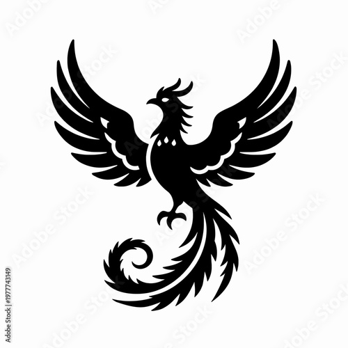 Minimalist Black Tribal Phoenix Vector Graphic, Elegant Mythical Bird Illustration with Flowing Wings and Sharp Lines, Symbolic Firebird Silhouette Isolated on White Background for Tattoo Design