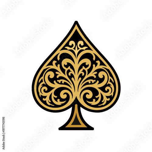 Elegant Ornate Ace of Spades Vector Illustration, Intricate Gold and Black Filigree Spade Symbol with Baroque Scrollwork for Tattoo Design and Luxury Branding, Isolated on White Background