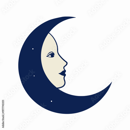 Minimalist flat vector illustration of a celestial crescent moon with a serene human face, mystical moon profile in navy blue and cream colors, esoteric astronomical icon isolated on white
