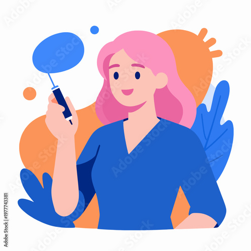 Professional Caucasian female master of piercing with pink hair smiling in a tattoo studio, expert body piercer holding equipment, modern flat vector illustration for body art concept.