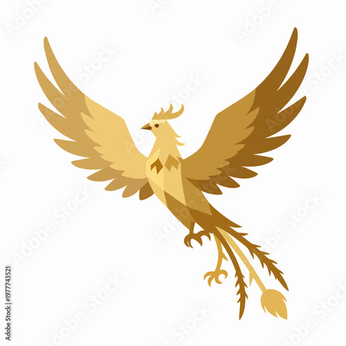 Majestic Gold Phoenix Flat Vector Illustration, Minimalist Mythical Bird Icon Symbolizing Rebirth and Success, Elegant Golden Eagle Silhouette for Corporate Branding and Modern Graphic Design