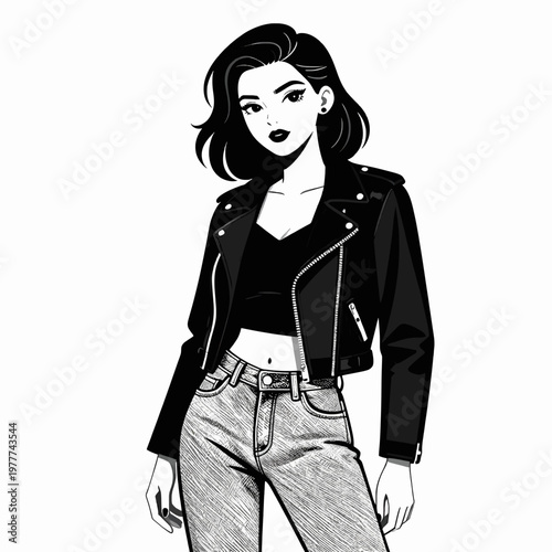 Confident young white woman in vintage rockabilly style wearing black leather jacket and high-waisted jeans, 1950s retro fashion aesthetic, bold vector illustration isolated on white background